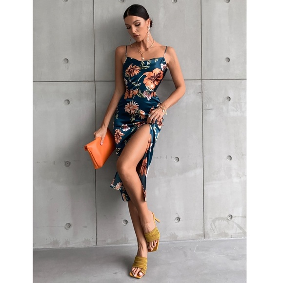 Floral Print Cowl Neckline Cami Satin Midi Dress in Dark Teal Leg Slit - Picture 3 of 8